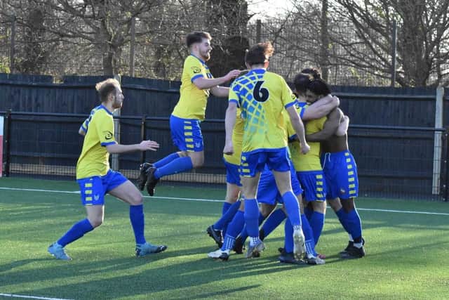 Aylesbury Vale Dynamos Development celebrate scoring in their win over Beaconsfield Town Reserves   PICTURES BY IAIN WILLCOCKS