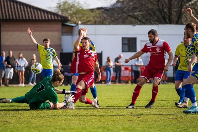 Sean Coles scored twice for Risborough against Aylesbury Vale Dynamos PICTURE BY CHARLIE CARTER