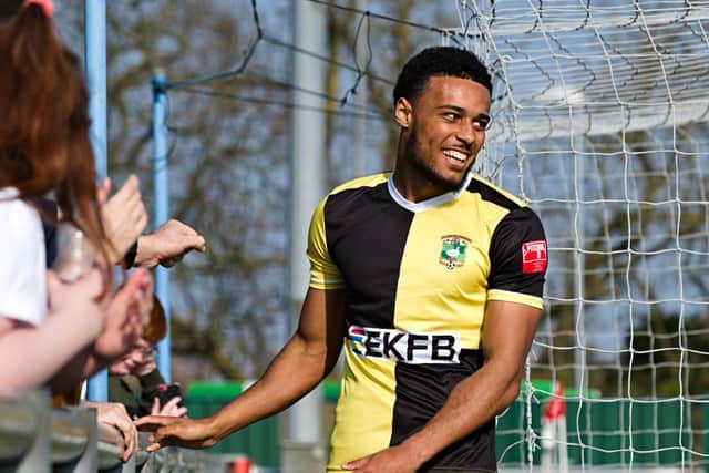 Tyrone Lewthwaite’s celebrates his goal with the crowd at  Aylesbury United v Harlow Town game   PICTURES BY MIKE SNELL