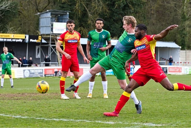 Jamie Rudd scoring his second goal for Aylesbury United  on Saturday   PICTURES BY MIKE SNELL