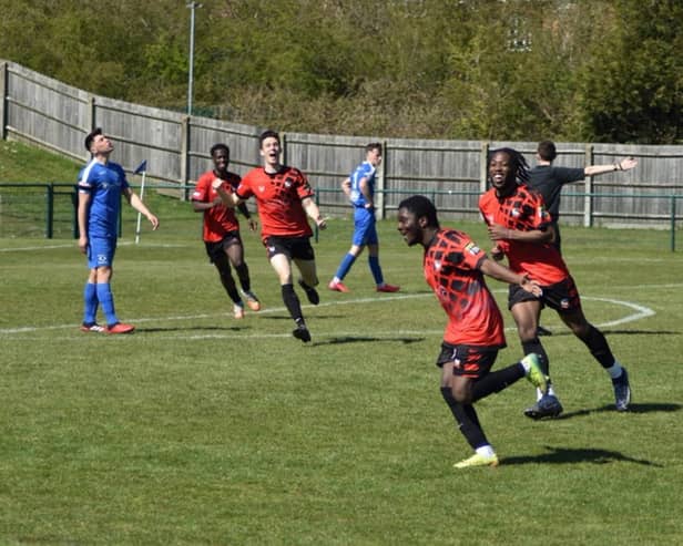 Kevin Owusu celebrates after scoring the winner for Aylesbury Vale Dynamos at Dunstable Town on Saturday  (Picture by Iain Willcocks)