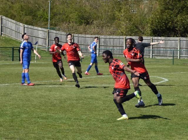 Kevin Owusu celebrates after scoring the winner for Aylesbury Vale Dynamos at Dunstable Town on Saturday (Picture by Iain Willcocks)