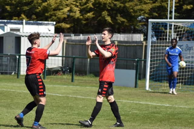 Aylesbury Vale Dynamos’ Dan Lambeth (right) celebrating one of his goals with Alfi Touceda in the first team’s Gladwish Spring Cup game at Dunstable on Saturday. (Picture by Iain Willcocks)