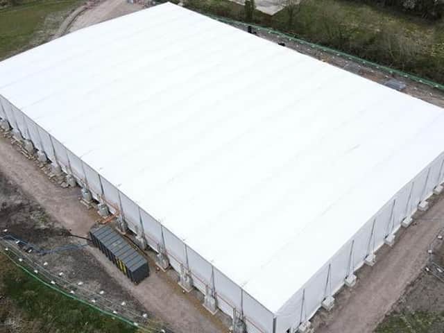 The covered dig site at St Mary's Stoke Mandeville