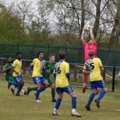 Goalkeeper Dan McAteer collects the ball for Aylesbury Vale Dynamos against Newport Pagnell (Picture by Iain Willcocks)