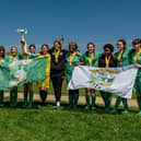 Aylesbury United Girls Under 14s Greens celebrate with their medals and  Division 2 trophy