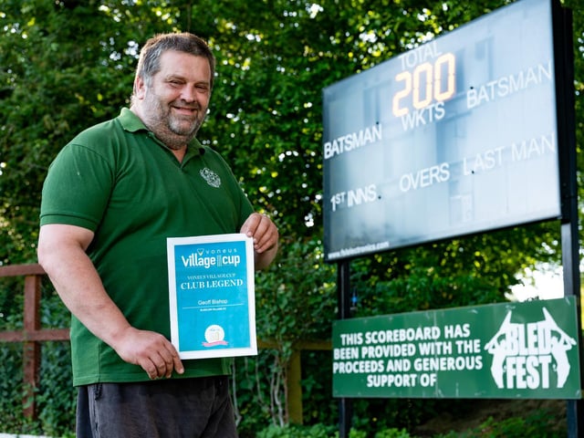 Bledlow Village secretary and Voneus Village Cup Club Legend Geoff Bishop showcases the club’s scoreboard, which had been funded through the proceeds of Bledfest, a local village fund-raiser which he helps organise every year