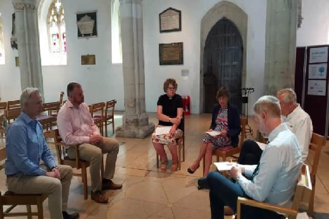 Minister Andrew Stephenson with Rob Butler MP, Reverend Sally Moring, Ron Petersen and Councillor Sheila Bulpett at St Mary’s Church, Wendover