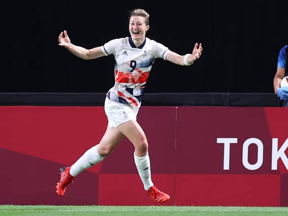 Aylesbury's Ellen White celebrates scoring against Japan (Picture Getty Images)