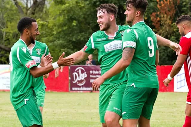 Harry Jones celebrates his goal for Aylesbury United against Risborough Rangers in their friendly last weekend (Pictures by Mike Snell)