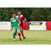 Harry Jones scoring for Aylesbury United against Risborough Rangers in their friendly last weekend (Pictures by Mike Snell)