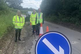Mark Rann, right, visits north Bucks with deputy council leader Angela Macpherson and Steeple Claydon councillor Frank MahoNorth Bucks.