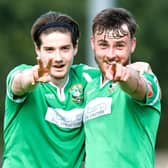 Celebrations for Aylesbury United’s FA Cup scorers Jamie Jellis and Harry Jones                                                Pictures by Mike Snell