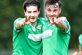 Celebrations for Aylesbury United’s FA Cup scorers Jamie Jellis and Harry Jones                                                Pictures by Mike Snell