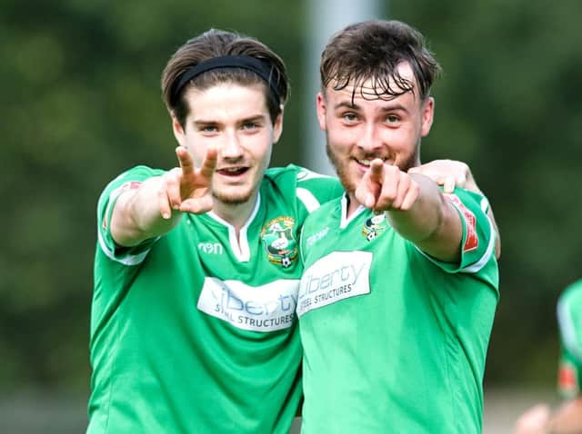 Celebrations for Aylesbury United’s FA Cup scorers Jamie Jellis and Harry Jones Pictures by Mike Snell