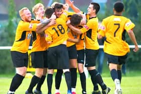 Goal celebrations for Ducks against Kidlington   Pictures by Mike Snell