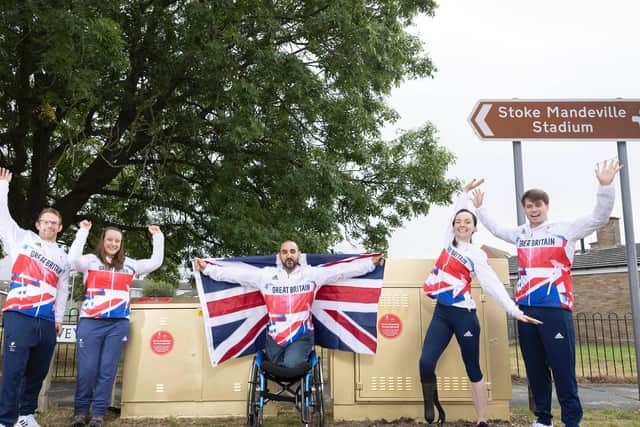 (L-R) Jody Cundy OBE, Phoebe Paterson Pine, Ali Jawad, Stef Reid MBE and Tom Hamer alongside Virgin Media's Stoke Mandeville gold cabinets (C) Matt Alexander at Press Association