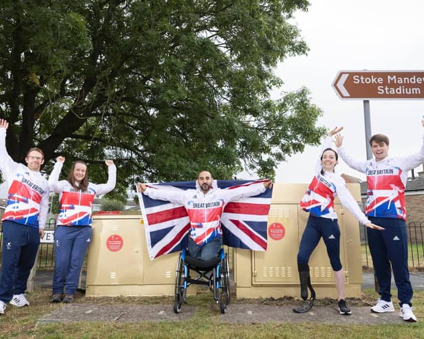 (L-R) Jody Cundy OBE, Phoebe Paterson Pine, Ali Jawad, Stef Reid MBE and Tom Hamer alongside Virgin Media's Stoke Mandeville gold cabinets (C) Matt Alexander at Press Association