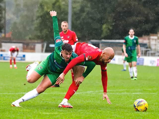 Action from Aylesbury United's FA Cup loss to Ebbsfleet United. Picture by Mike Snell