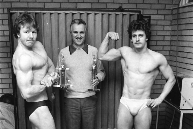 Members of the Brooke Park Body Building Club who were successful at the Mr. Northern Ireland Novice Body Physique Contest at the Park Avenue Hotel in Belfast. On right, Paul Roddy, Joyce Court, Ballymagroarty, who was runner-up. On left, Michael Doherty, Lisnarea Avenue, who was sixth. Centre is Mr. Michael Doherty, manager, Brooke Park Leisure Centre.