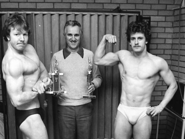 Members of the Brooke Park Body Building Club who were successful at the Mr. Northern Ireland Novice Body Physique Contest at the Park Avenue Hotel in Belfast. On right, Paul Roddy, Joyce Court, Ballymagroarty, who was runner-up. On left, Michael Doherty, Lisnarea Avenue, who was sixth. Centre is Mr. Michael Doherty, manager, Brooke Park Leisure Centre.