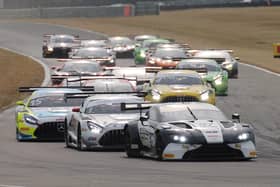 Ross Gunn leads the British GT Championship pack at Snetterton on Sunday in the Beechdean Aston Martin (Photo: James Beckett)