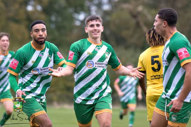 Ben Stallard celebrates scoring for Aylesbury earlier this season.