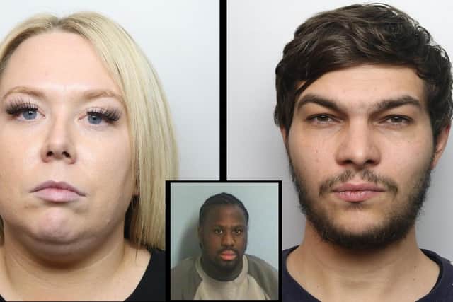 Chelsea Kemp, left, Haydon Flavell, right, and Omar Windross have all been jailed for conspiring to smuggle drugs and contraband into three prisons