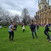 Adults race at last year's Buckingham Pancake Races