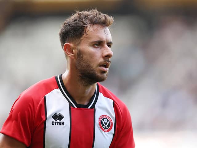 DERBY, ENGLAND - JULY 29: George Baldock of Sheffield United looks on during the pre-season friendly match between Derby County and Sheffield United at Pride Park on July 29, 2023 in Derby, England. (Photo by Michael Regan/Getty Images)