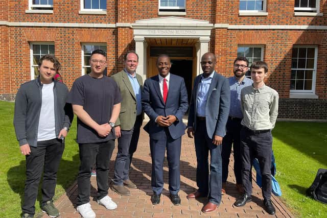 Greg Smith MP, Bim Afolami MP and Cllr Ade Osibogun with students at the University of Buckingham