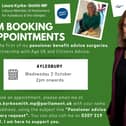 Information about Laura Kyrke-Smith MP's upcoming pensioner benefit advice surgery