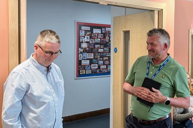 Headteacher Simon Jones gives thanks for Steve Bonser's dedication to the school