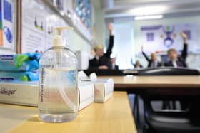 Hand sanitiser in a classroom as schools reopened after the lockdown