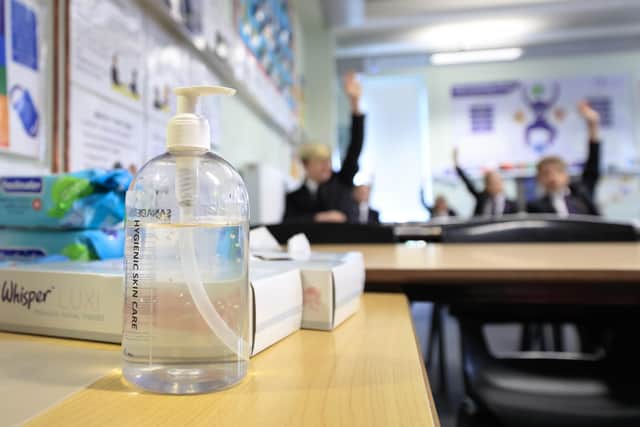 Hand sanitiser in a classroom as schools reopened after the lockdown