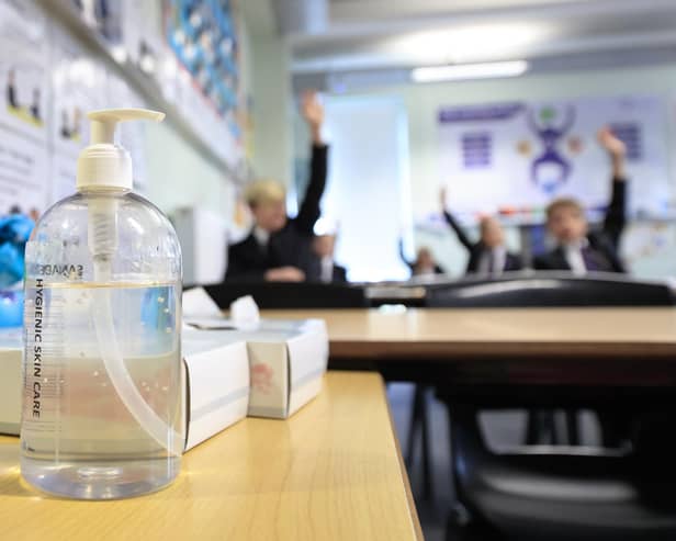 Hand sanitiser in a classroom as schools reopened after the lockdown