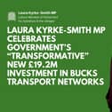 Picture of Laura Kyrke-Smith MP alongside the caption 'Laura Kyrke-Smith MP celebrates Government’s “transformative” new £19.2 million investment in Bucks transport networks'