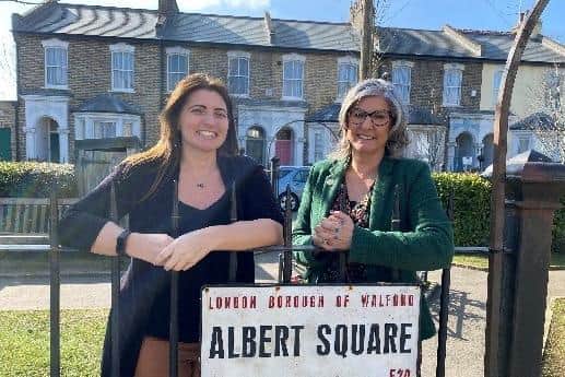 Laura Smith and Sue Castle-Smith from MK-based Brain Tumour Research visited the EastEnders set to help out