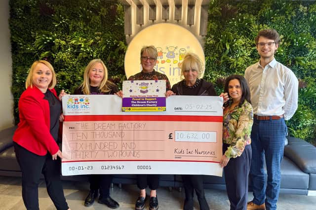 Kids Inc Nurseries and The Dream Factory holding the giant cheque for £10,632! (Left to right; Stevie Deeble, Jane Meader, Michelle Johnson, Avril Mills BEM, Alisha Patel, Tim Dickinson)