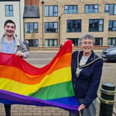 Mayor of Buckingham Margaret Gateley and Cllr Ryan Willett with the Pride flag