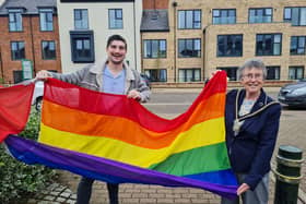 Mayor of Buckingham Margaret Gateley and Cllr Ryan Willett with the Pride flag