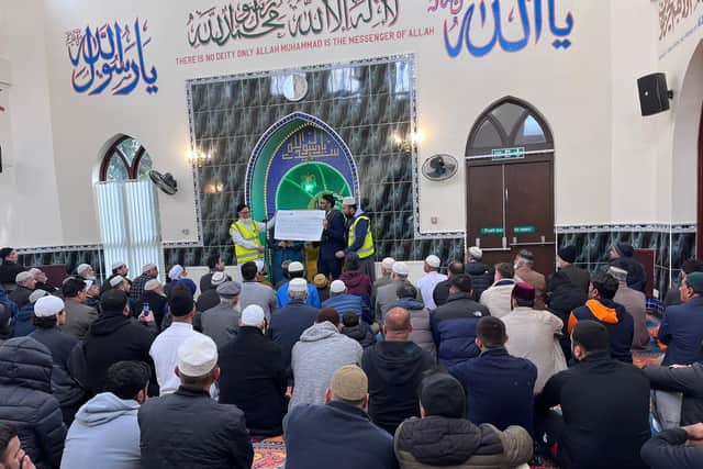Sajid Rehman (Secretary), Imam Hafiz Jamil, Masud Khan (chairman), Itimad Hussain presented the cheque at morning prayers on Friday