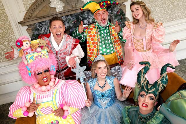 Cast members for the Waterside Theatre's pantomime Sleeping Beauty gathered at Horwood House. Photo: Barry Rivett