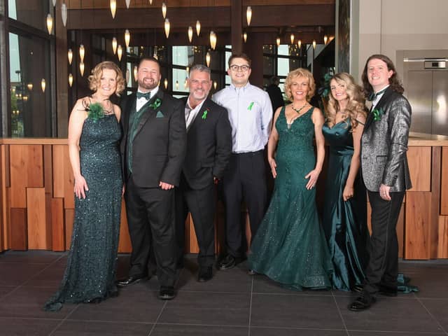 GALA NIGHT … (left to right) soloists Rebecca Izard, Jim Aldcroft, host Andy Collins, soloist David Rhys, Grundfos’s Daniel Davies, musical director Jill Neenan, soloist Daisy Amphlett and soloist David Rhys
