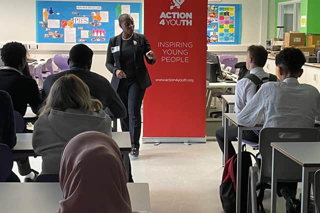 I. Stephanie Boyce at a recently organised talk at an Aylesbury school, organised by Action4Youth