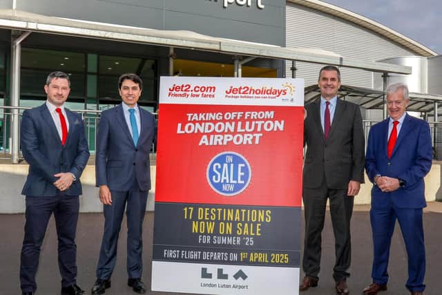 Caption L to R: Jonathan Rayner - Chief Commercial Officer, London Luton Airport, Alberto Martin - Chief Executive Officer, London Luton Airport, Steve Heapy - CEO, Jet2 plc, and Ian Doubtfire, Business Development Director, Jet2.com.
