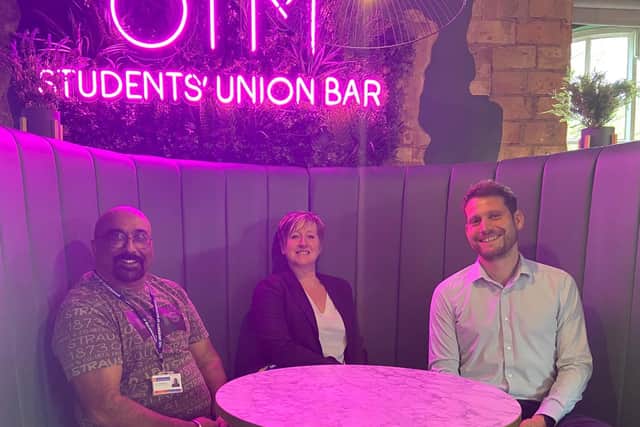 L to R Commercial Services Manager Ash Chakroborty, Sharon Deaker, SU Manager Callum Roberts