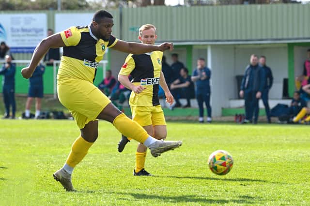 Tyriq Hunte fires home the winner at Waltham Abbey on Saturday. Photo: Mike Snell.