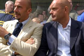 Gianluca Vialli (left) and Ray Wilkins in the dug-out during a Pre-season friendly against Aylesbury United F.C. The match was the Italians first as manager of the First Division team.Credit: Julian Herbert/ALLSPORT