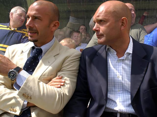 Gianluca Vialli (left) and Ray Wilkins in the dug-out during a Pre-season friendly against Aylesbury United F.C. The match was the Italians first as manager of the First Division team.Credit: Julian Herbert/ALLSPORT